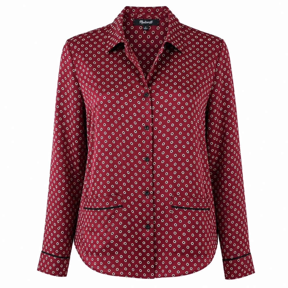 Madewell Silk Pajama Style Shirt Size Small Burgundy Button Front Ditsy Floral